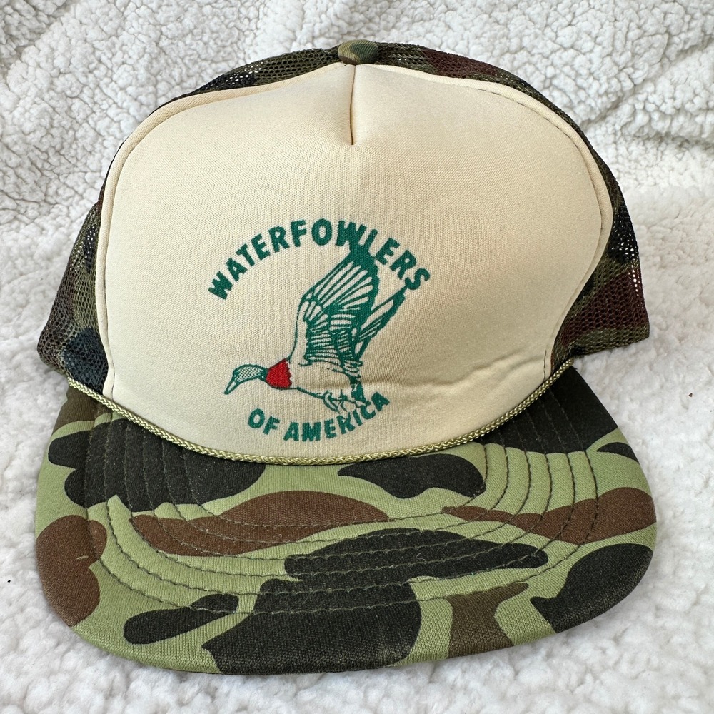 VTG T.I. Waterfowlers of America Hat Mens OSFA Camo Tan Trucker Snapback Cap